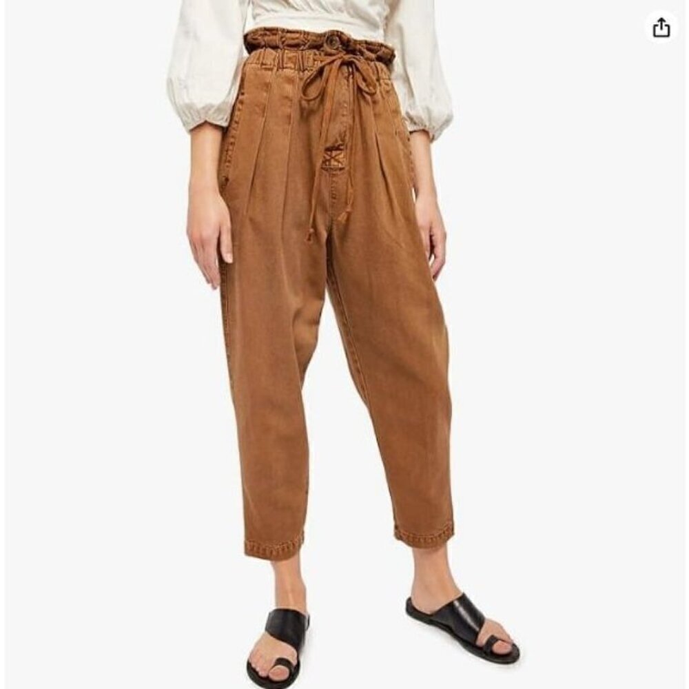 Free People Tapered Paperbag Waist Pants‎ Sm Brown High Rise Pleated Drawstring